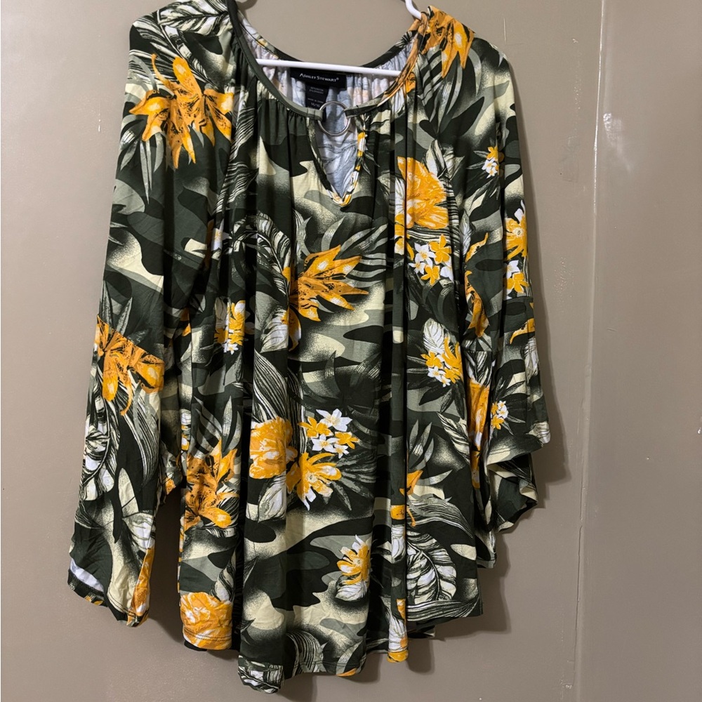 Catherines Tropical Floral Blouse in Green and Yellow